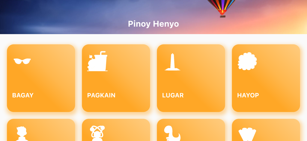 Category selection screen of Pinoy Henyo Word Game featuring orange tiles for Bagay, Pagkain, Lugar, and Hayop