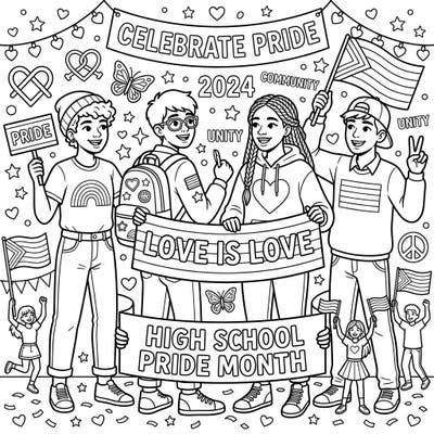 Join these enthusiastic high school students as they celebrate Pride Month in a vibrant display of unity and acceptance. This engaging coloring page captures the spirit of community with flags, banners, and joyful symbols.