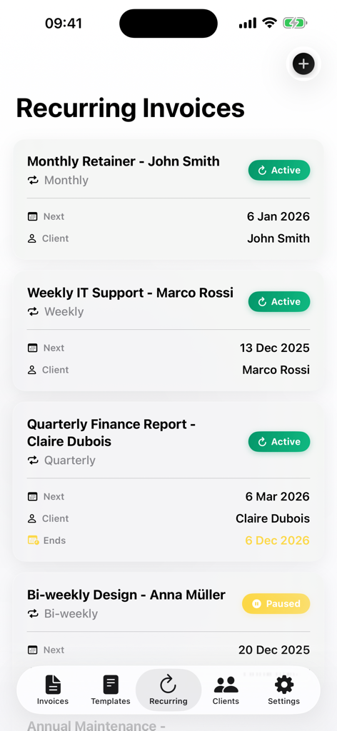 Invoice Flow - The recurring invoices screen of the Invoice Flow app showing a list of monthly, weekly, and quarterly billing cycles for different clients.