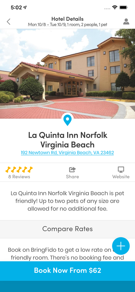 BringFido - Aplicativo móvel BringFido mostrando detalhes de hotel que aceita pets para La Quinta Inn em Norfolk, Virgínia, sem taxas extras para pets.