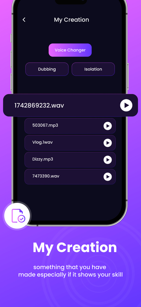 AI Dubbing : Voice Changer - アプリ内の保存されたオーディオファイルとボイス処理オプションのリストが表示された「マイクリエーション」画面。