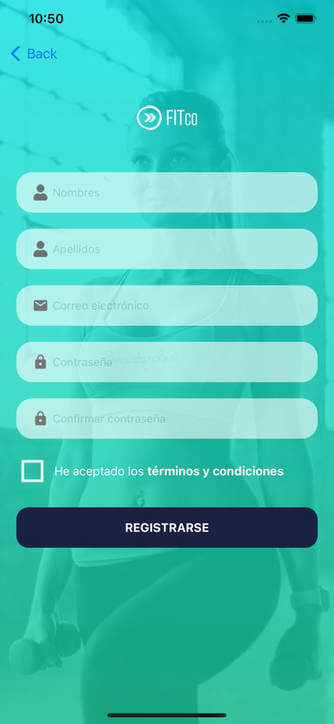 Registration screen of the FITCO app in Spanish showing sign up form fields