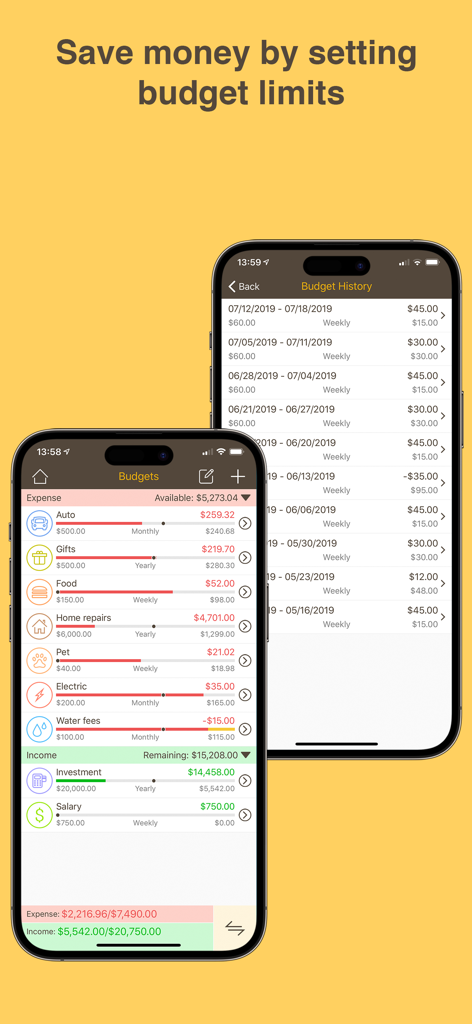 Money Monitor: Expense Tracker - Money Monitor app screens showing budget limits for expense categories and budget history