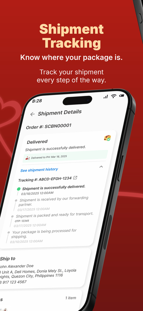 Mobile screen showing shipment tracking and delivery history for a package in the ShippingCart app