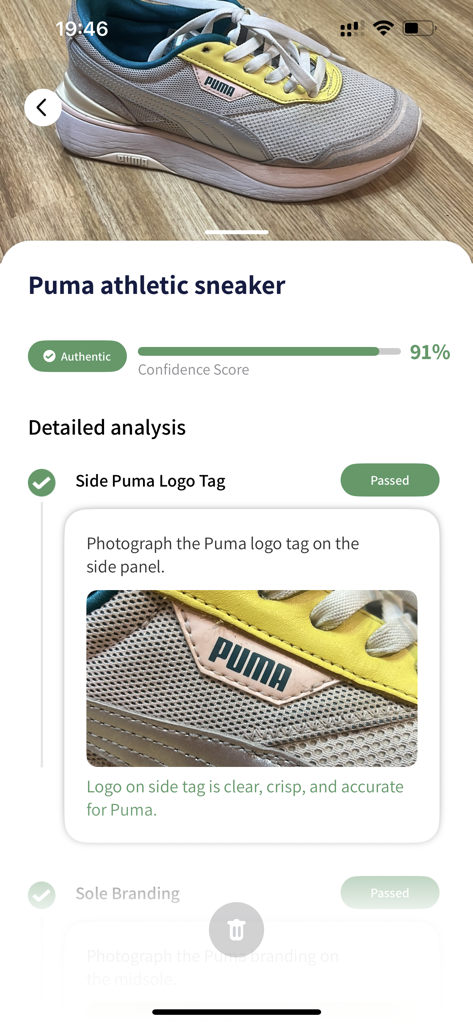 The Thrift AI－Profit Αρρ - Screenshot of the Thrift AI app showing a detailed authenticity analysis for a Puma sneaker with a ninety-one percent confidence score and logo verification.