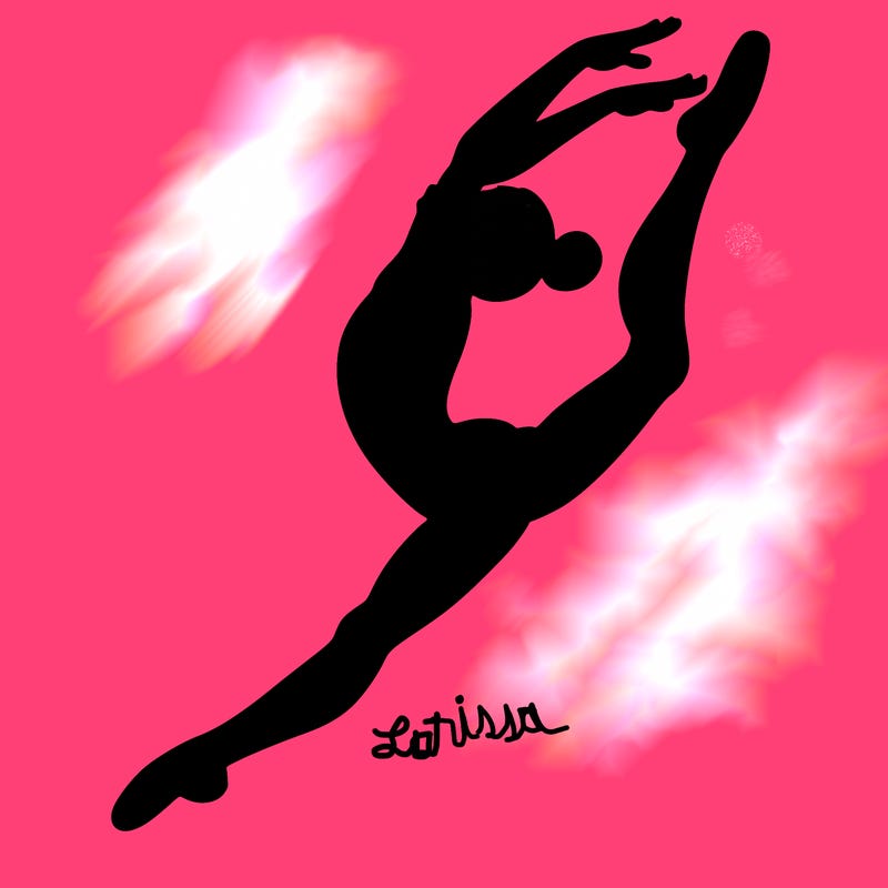 gymnast doing a leap in a leotard with a bent back leg