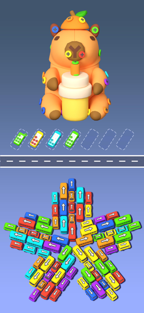 Screw Parking - Escape games - A gameplay screenshot of Screw Parking featuring a capybara covered in screws and a star shaped traffic jam of colorful cars with arrows
