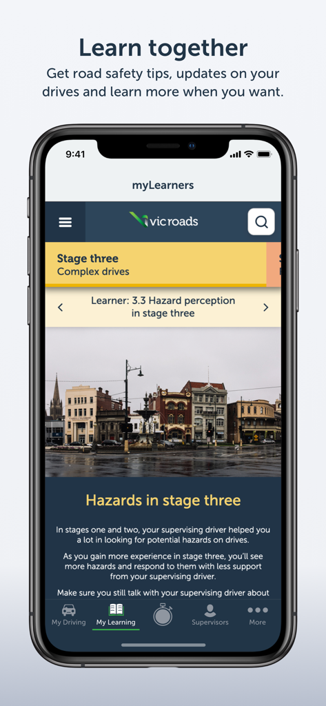 myLearners - myLearners app interface displaying road safety tips and hazard perception for stage three learner drivers