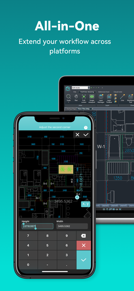 Smartphone e tablet che visualizzano planimetrie architettoniche utilizzando l'app DWG FastView CAD viewer e editor