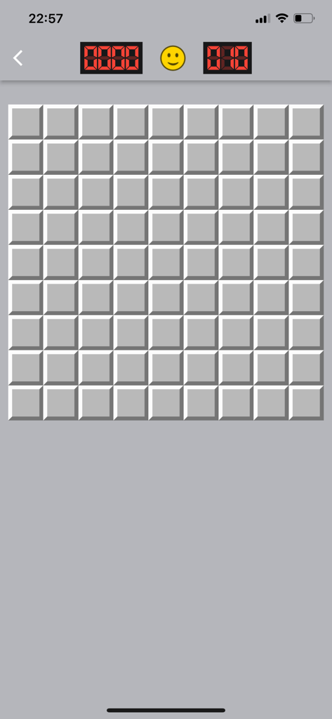 Classic Minesweeper game interface with a grid of gray tiles and digital counters