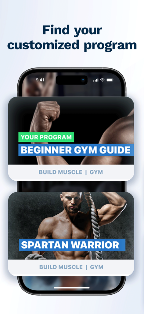 Fitness Buddy App-Bildschirm mit personalisierten Trainingsprogrammen wie Beginner Gym Guide und Spartan Warrior zum Muskelaufbau.
