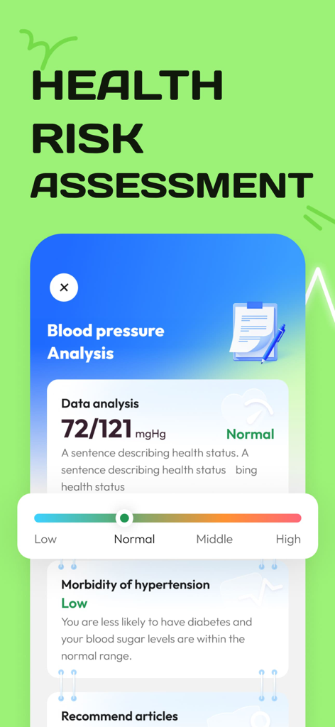HeaBP Blood Pressure & Pulse - HeaBP app screen displaying blood pressure analysis and health risk assessment with normal results