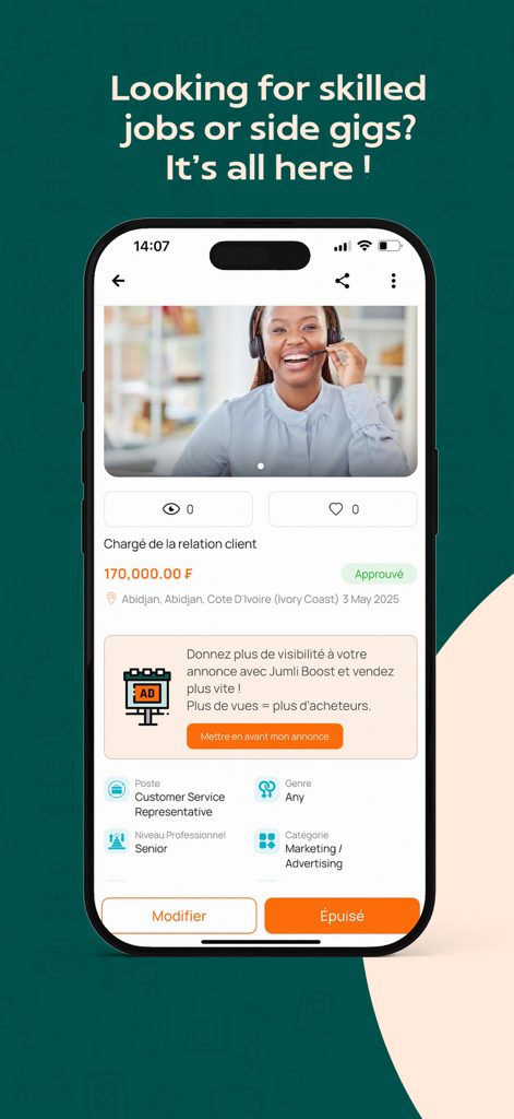 Jumli - Buy. Sell. Simple. - Jumli app screenshot showing a customer service job listing in Abidjan Ivory Coast