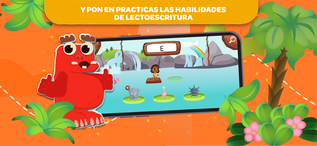 Leo Leo - Un personaje de monstruo rojo y un teléfono inteligente que muestra un juego de alfabetización en español para niños.