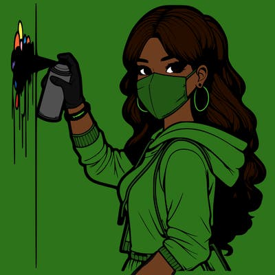 realistic girl with mask spray painting a wall