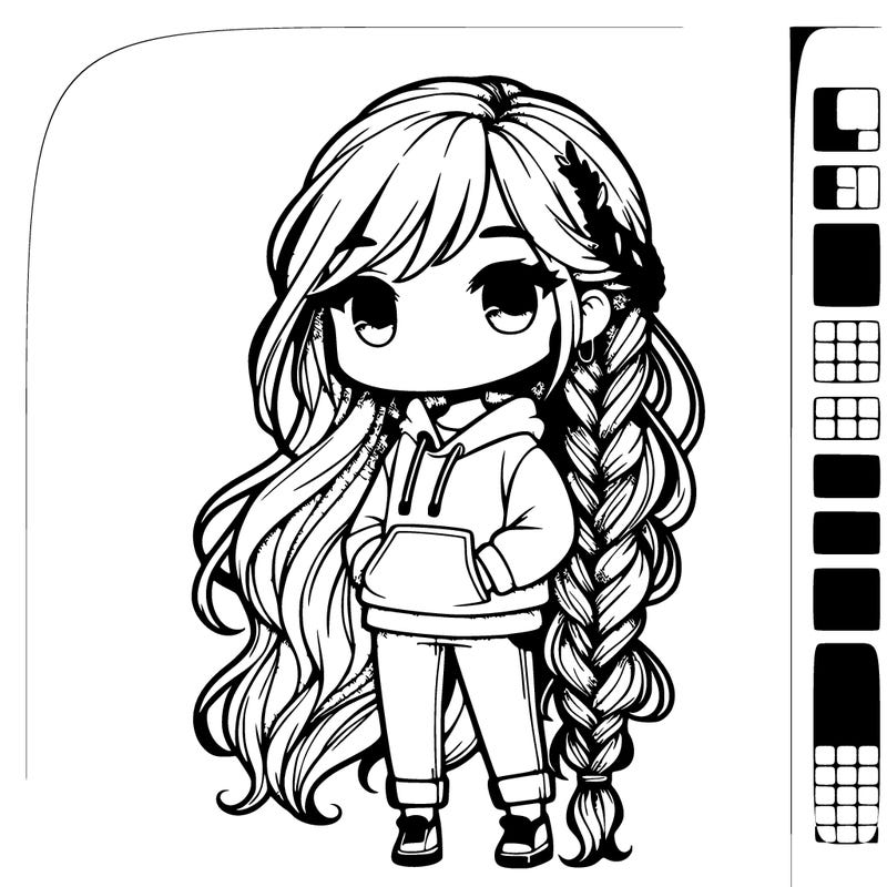 chibi girl with her hair in braids and wearing geans and a hoddie