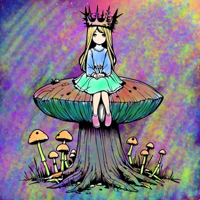 realistic girl sitting on a huge tree stump size toadstool with thorn crown