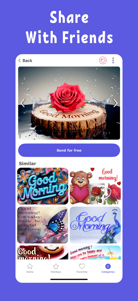 Love message & Birthday wishes - A mobile app screen displaying a red rose Good Morning card and a gallery of similar greeting cards for easy sharing.