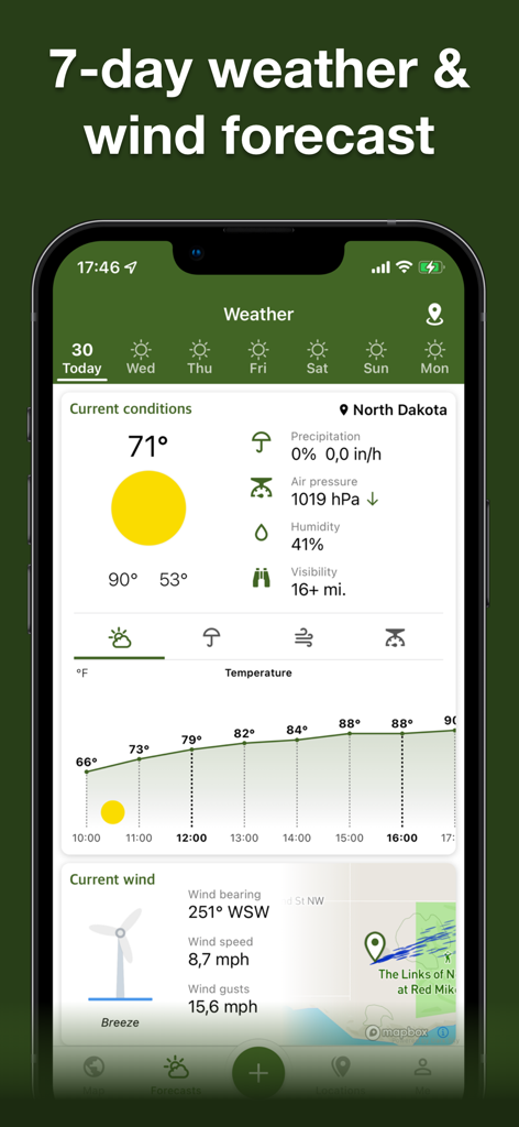 Hunting Points: GPS & Hunt App - Weather and wind forecast screen on Hunting Points app