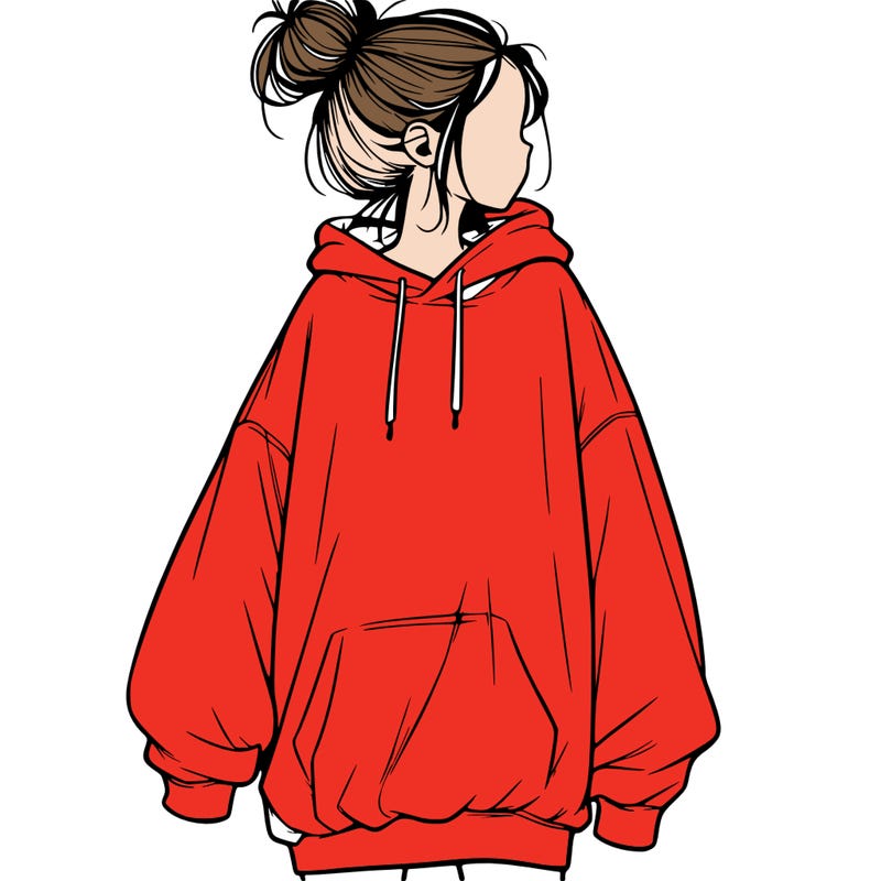 realistic girl with a oversized sweatshirt on and a bun