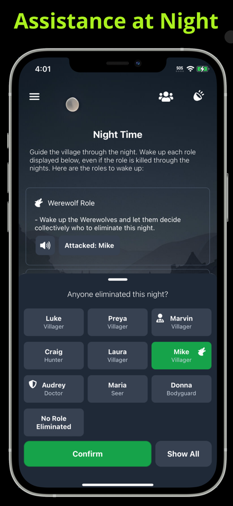 플레이어 역할과 밤 단계 제거 관리를 보여주는 Werewolf 게임 내레이터 화면 스크린샷