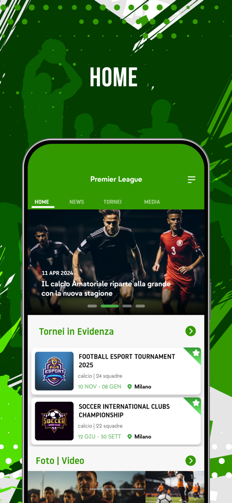 Schermata principale dell'app Enjore con tornei sportivi e notizie