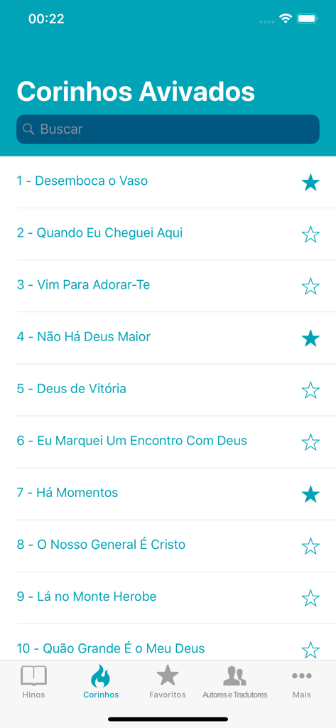 Harpa Cristã Com Áudios - A list of revival choruses in the Harpa Crista app with search and favorite options