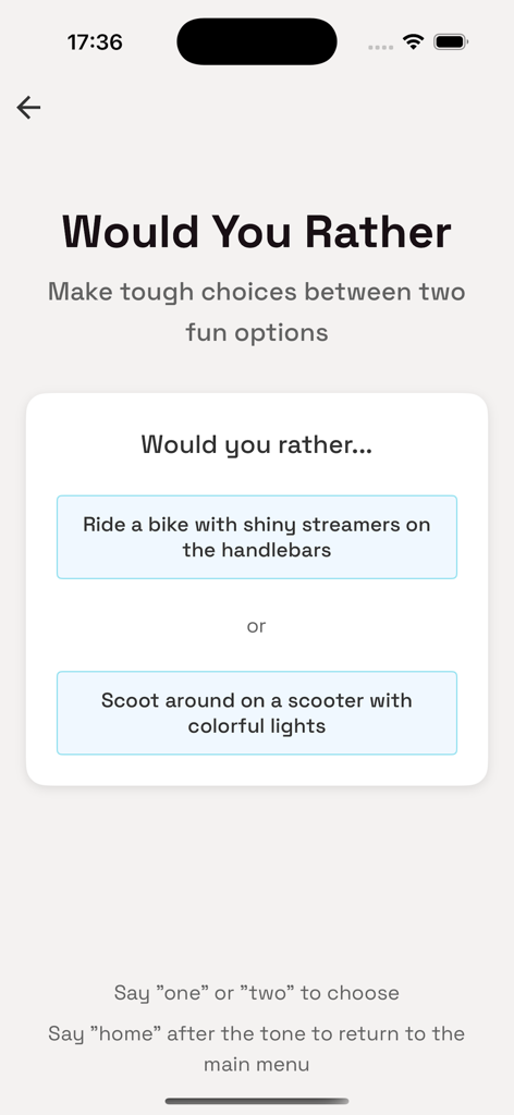 Bee Bee Games - Screenshot of the voice-activated Would You Rather game interface in the Bee Bee Games app