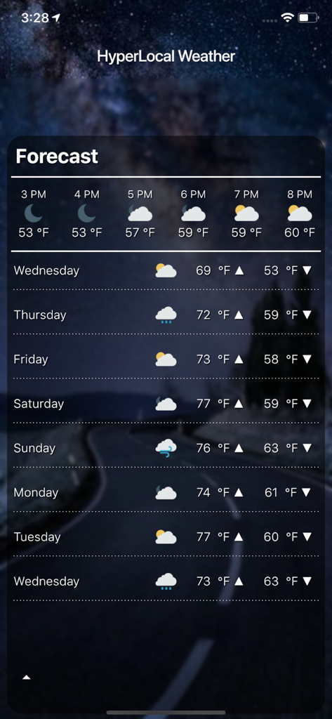 Hyper Local Weather - Hyper Local Weather app screen showing hourly and daily weather forecasts with temperature details