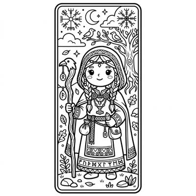 Unleash your creativity with this delightful Kawaii Völva coloring bookmark, bringing ancient Norse magic to life in an irresistibly cute style. Perfect for adding a personalized touch to your favorite books, this design invites you to explore a world of prophecy and charm.