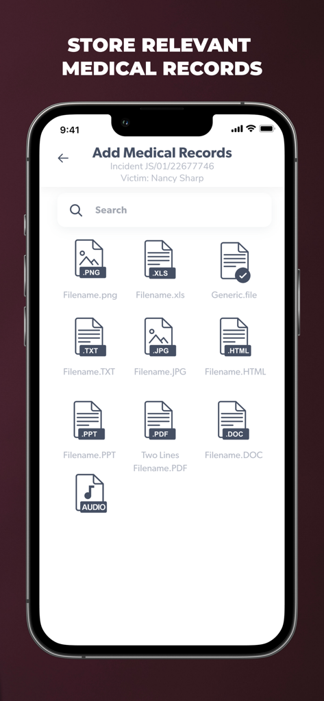 Injury Capture - Interface of the Injury Capture app showing the Add Medical Records screen with various file format icons like PDF JPG and AUDIO for secure storage