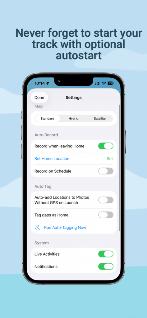 Settings screen of the GPX PhotoGraph app showing automatic tracking and photo location tagging options