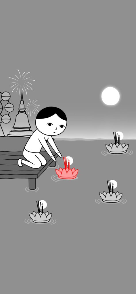 KUUKIYOMI THAILAND - Personaje minimalista flotando un Krathong rojo durante un festival tailandés