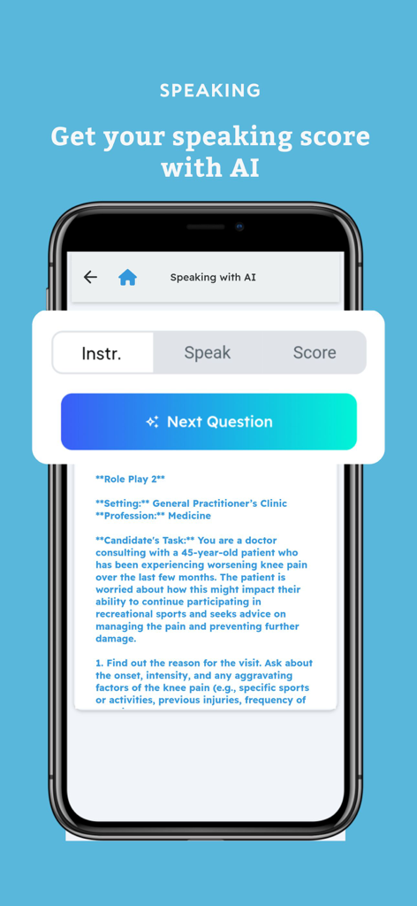 OET Sample Tests - OET speaking practice screen with AI scoring and a medical roleplay scenario for healthcare professionals