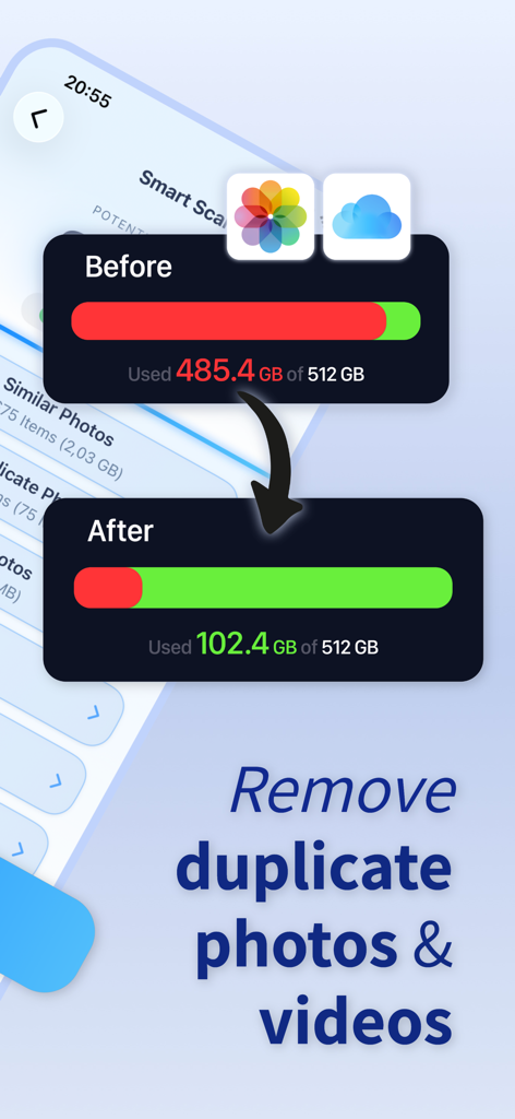 Before and after comparison of phone storage showing space reclaimed after removing duplicate photos