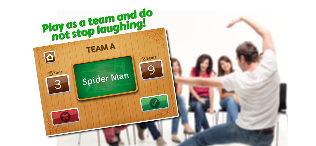Un grupo de amigos jugando la aplicación Charades Guess Word con un jugador actuando como Spider Man.