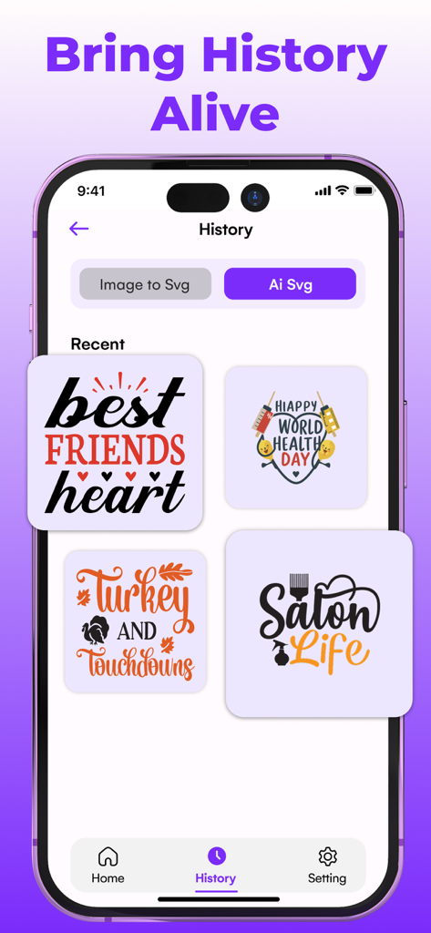 Ai SVG Converter - Vectornator - The history screen of the Ai SVG Converter app displaying various saved vector designs for crafting projects.