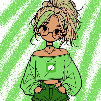 girl with a messy ponytail glasses a baggy crop top and jean shorts