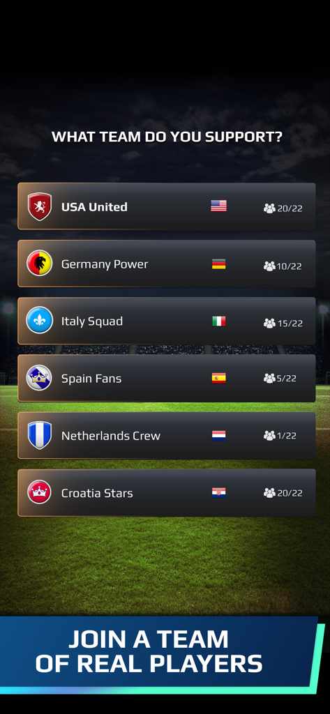 Screen showing national team selection options in the Football Rivals mobile game.