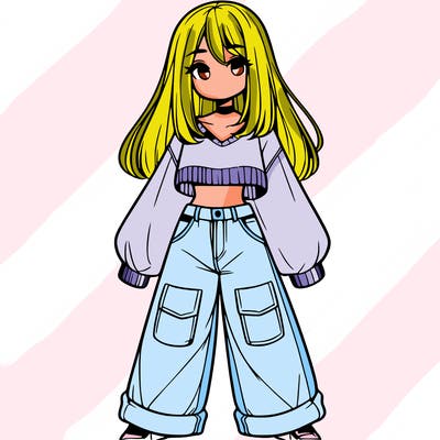 cute girl with straight hair in baggy jeans and a crop top and a sweater