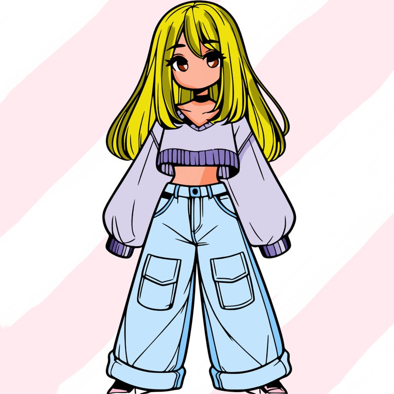 cute girl with straight hair in baggy jeans and a crop top and a sweater