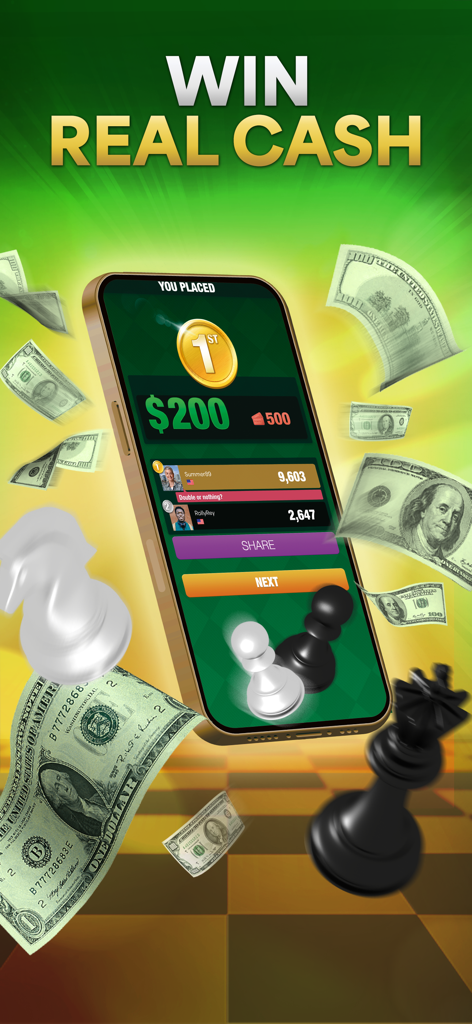 Chess Payday : Win Real Money - Teléfono móvil que muestra una victoria en un torneo de ajedrez de primer lugar de doscientos dólares con billetes cayendo y piezas de ajedrez