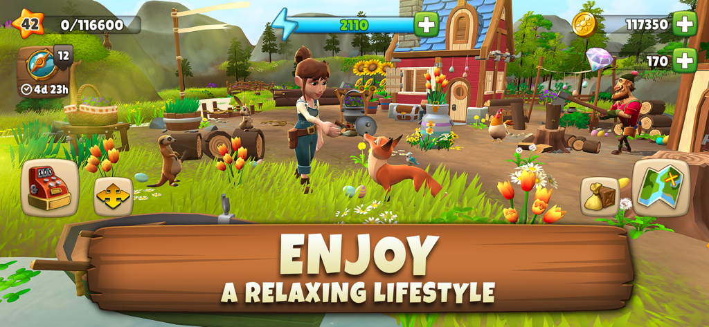 Sunrise Village Adventure Game - Ein farbenfroher Screenshot des Abenteuerspiels Sunrise Village, der einen Charakter zeigt, der mit einem Fuchs interagiert, und landwirtschaftliche Aktivitäten.