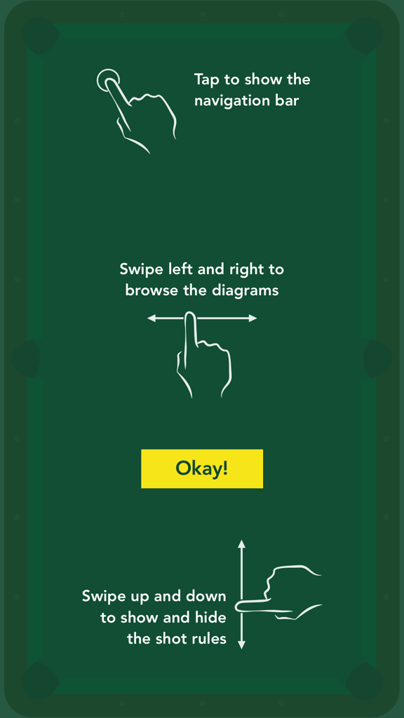 Pool Trick Shot Diagrams (Lite) - Navigation instructions for the Pool Trick Shot Diagrams app showing swipe and tap gestures