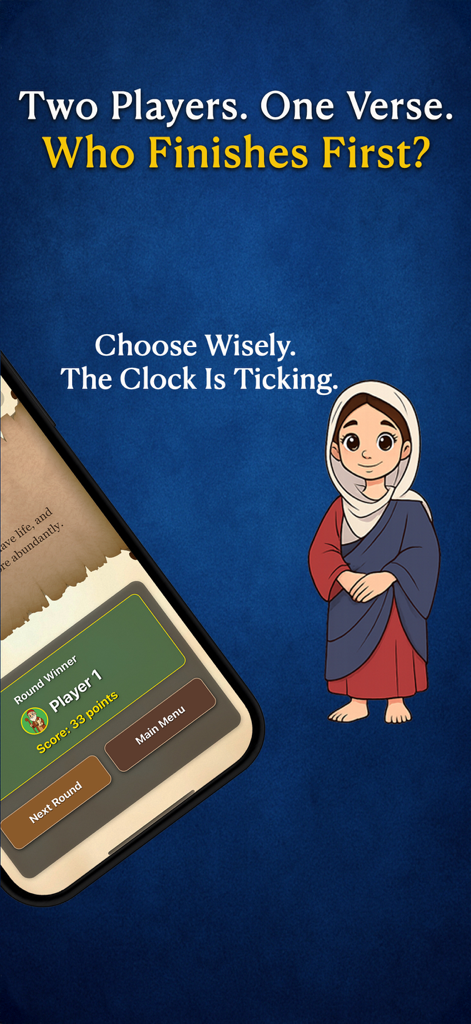 Verse Pursuit - Pantalla de desafío de escrituras para dos jugadores en la aplicación Verse Pursuit que muestra los resultados de la ronda y el texto de la competencia