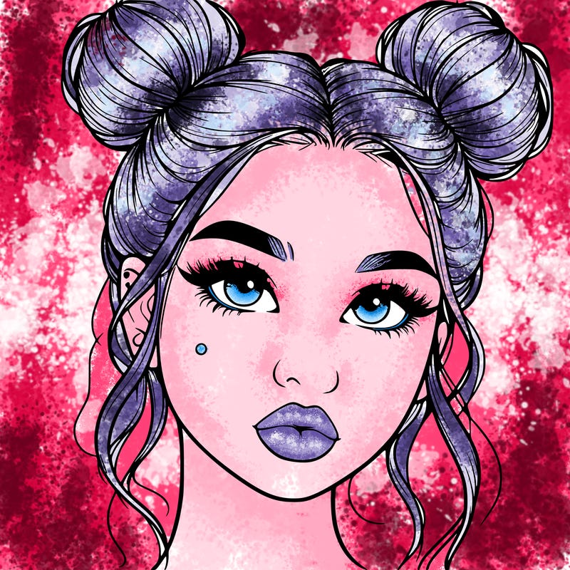 realistic girl with two buns on her hair and lips