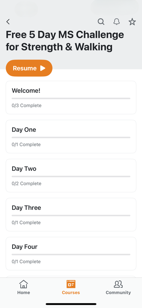 Interface of The MSing Link app showing a 5 day MS challenge for strength and walking with daily progress modules