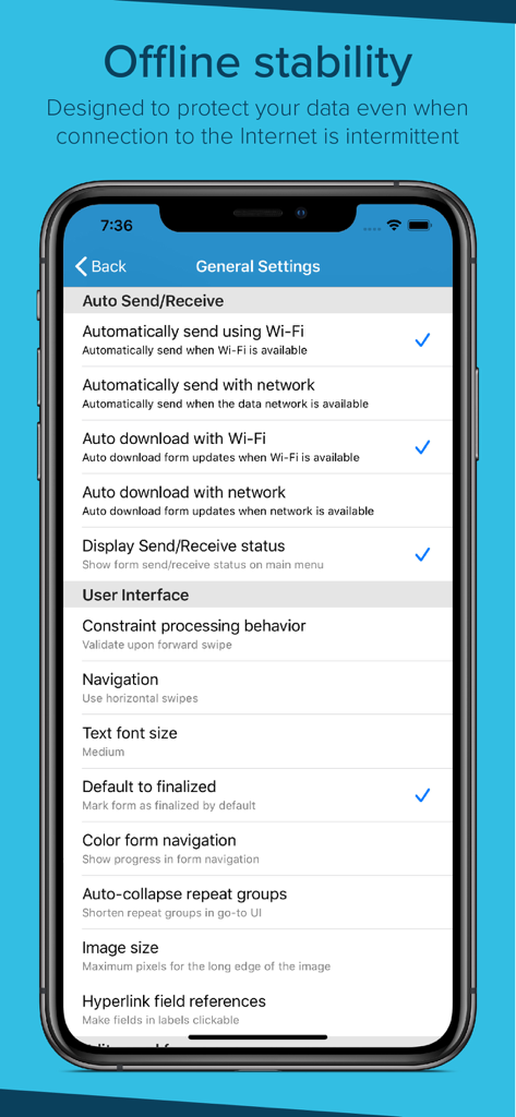 SurveyCTO Collect - SurveyCTO Collect app general settings interface highlighting offline stability and data synchronization options.