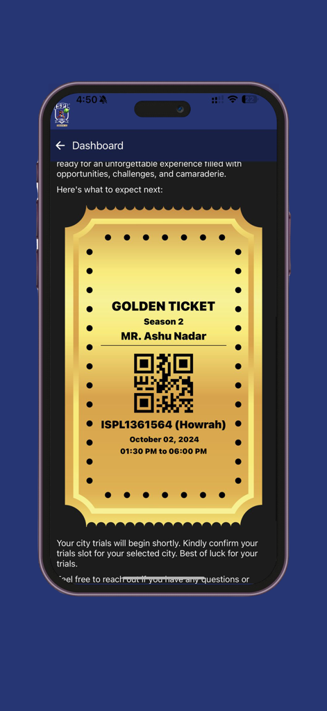 Digital Golden Ticket for ISPL T10 Season 2 cricket trials with QR code
