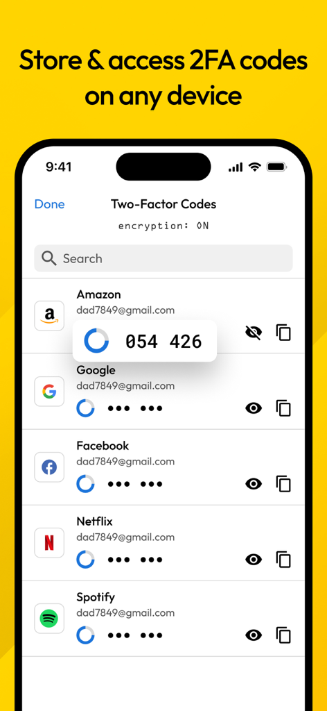 Keeper app interface displaying two-factor authentication codes for accounts like Amazon and Google
